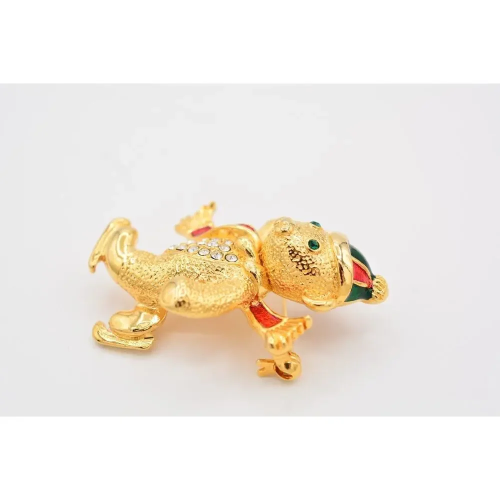 Vintage Christmas Bear Pin Brooch Brushed Gold Ice Skating Holiday Heavy BinAT